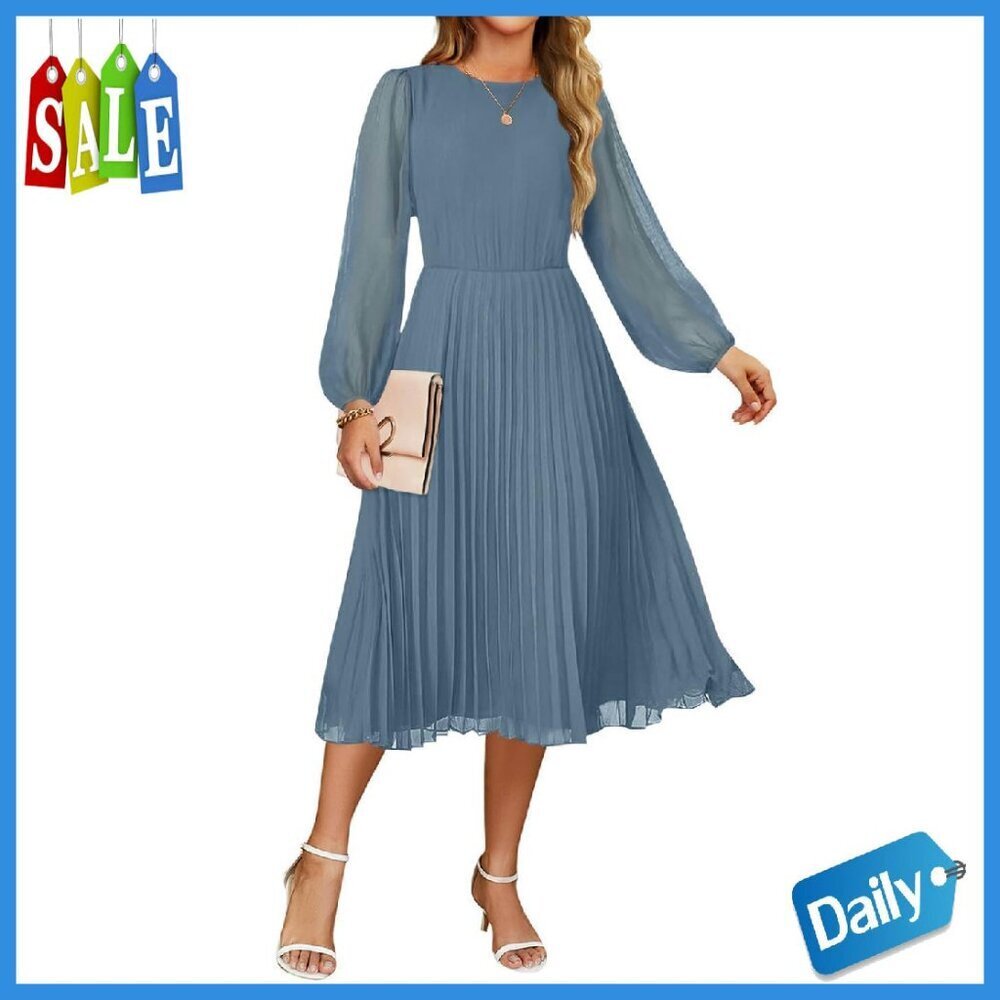 Long Sleeve Chiffon Pleated Midi Dress Casual Party Swing A-Line